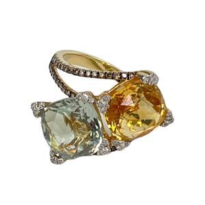 14K Citrine and Green Amethyst Ring w/ Chocolate and White Corner Diamonds Sz 7